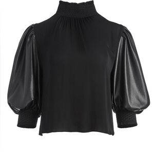 Alice + Olivia Carmina Vegan Leather Sleeve Blouse Black Smocked Mock Neck XS